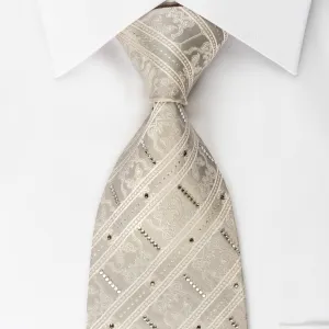 Indian Homme Rhinestone Silk Necktie Stripes On White With Silver Sparkles