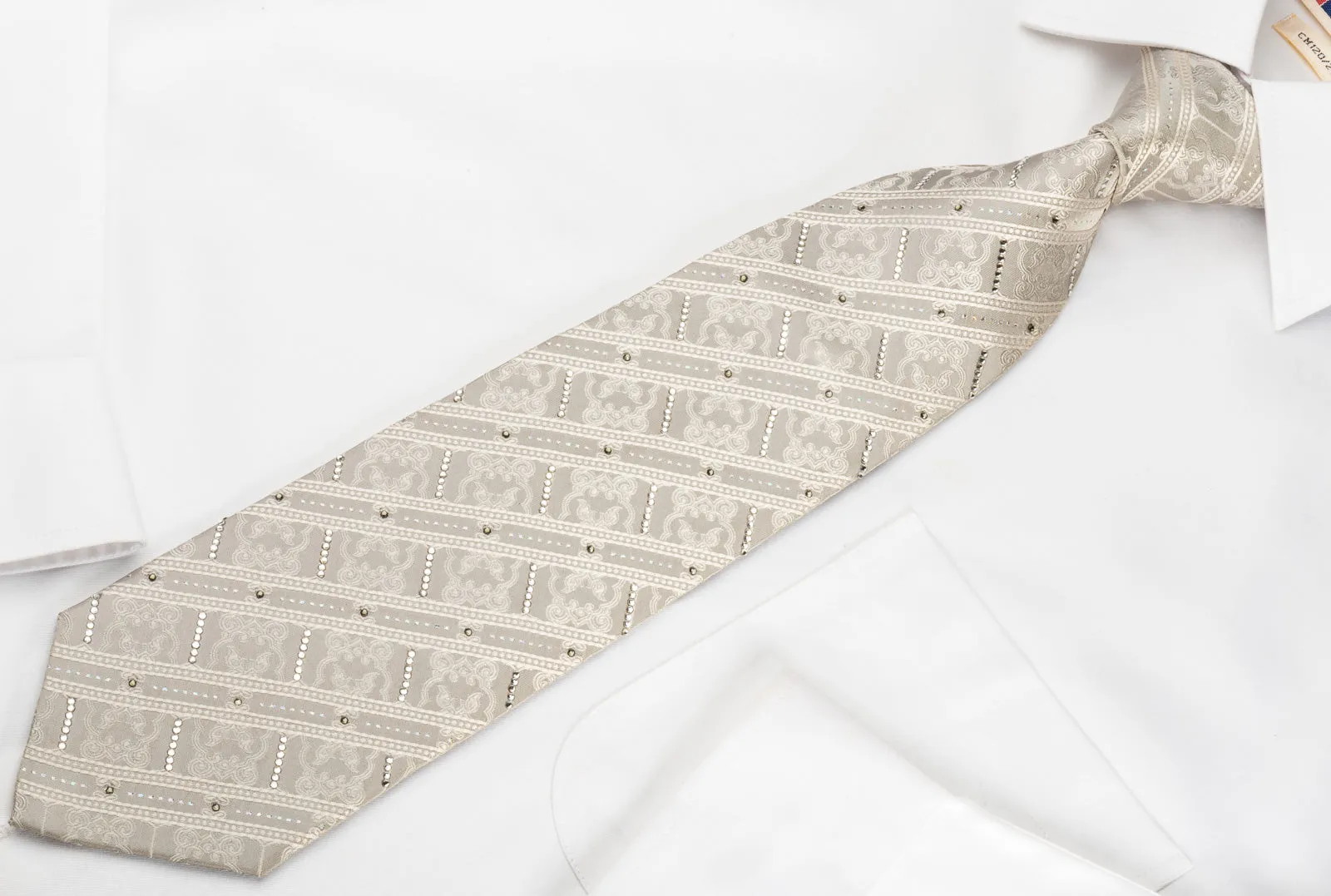 Indian Homme Rhinestone Silk Necktie Stripes On White With Silver Sparkles
