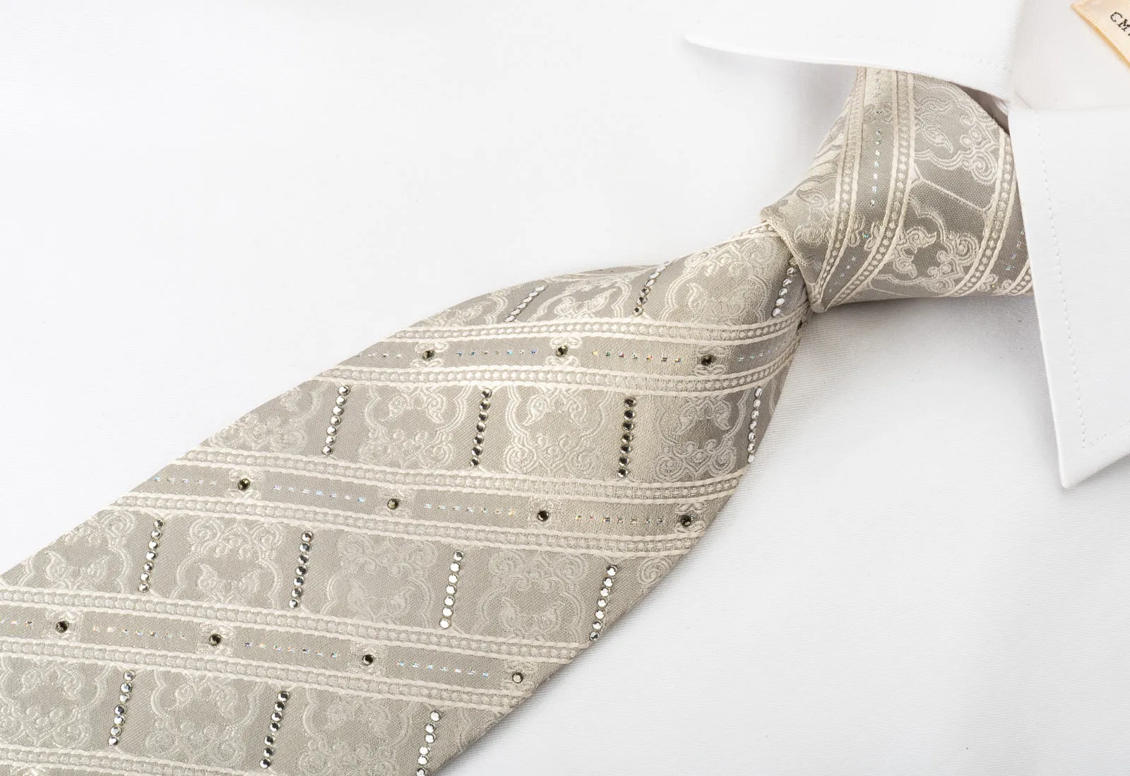 Indian Homme Rhinestone Silk Necktie Stripes On White With Silver Sparkles