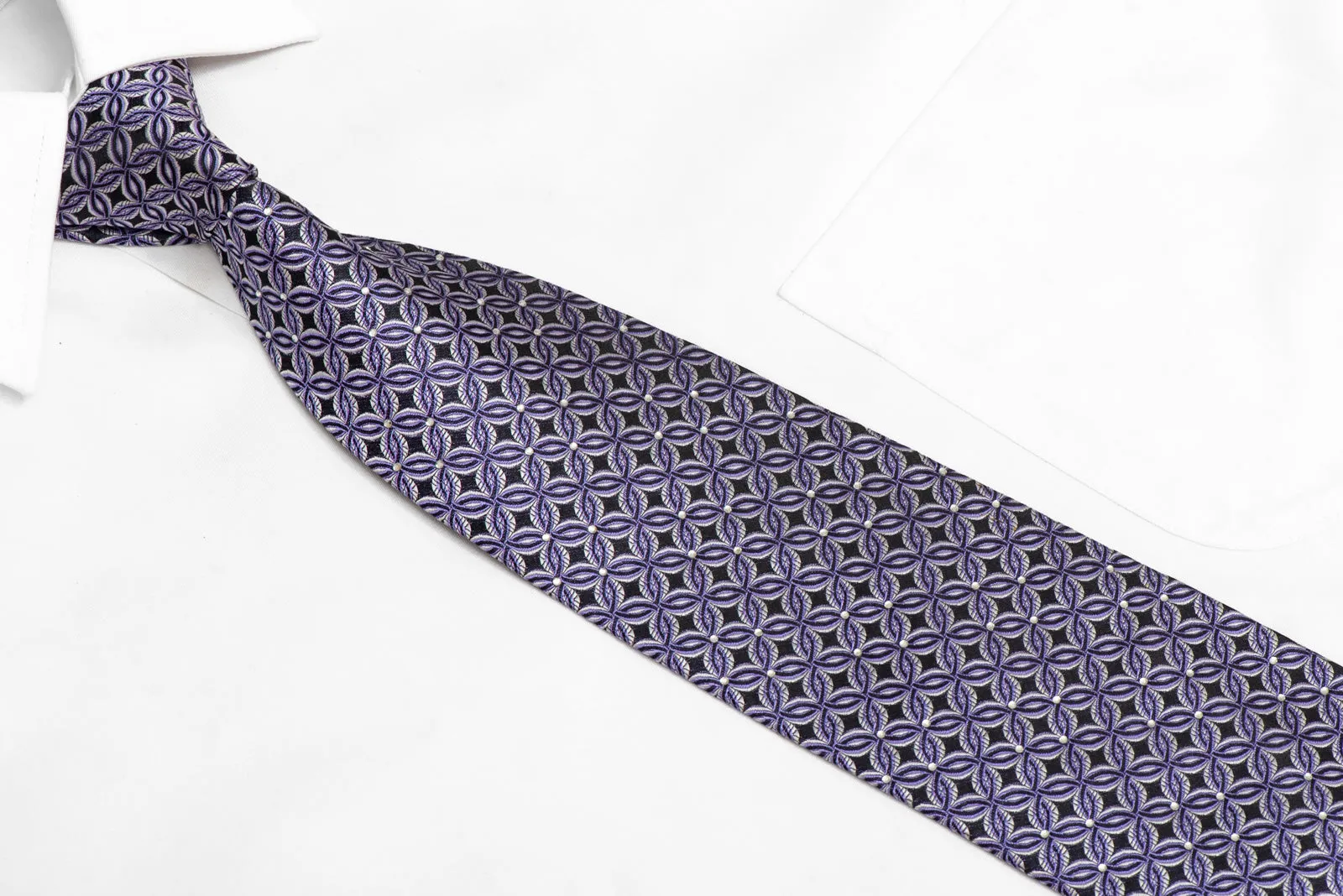 Interlocking Geometric Circles On Navy Blue Rhinestone Silk Necktie
