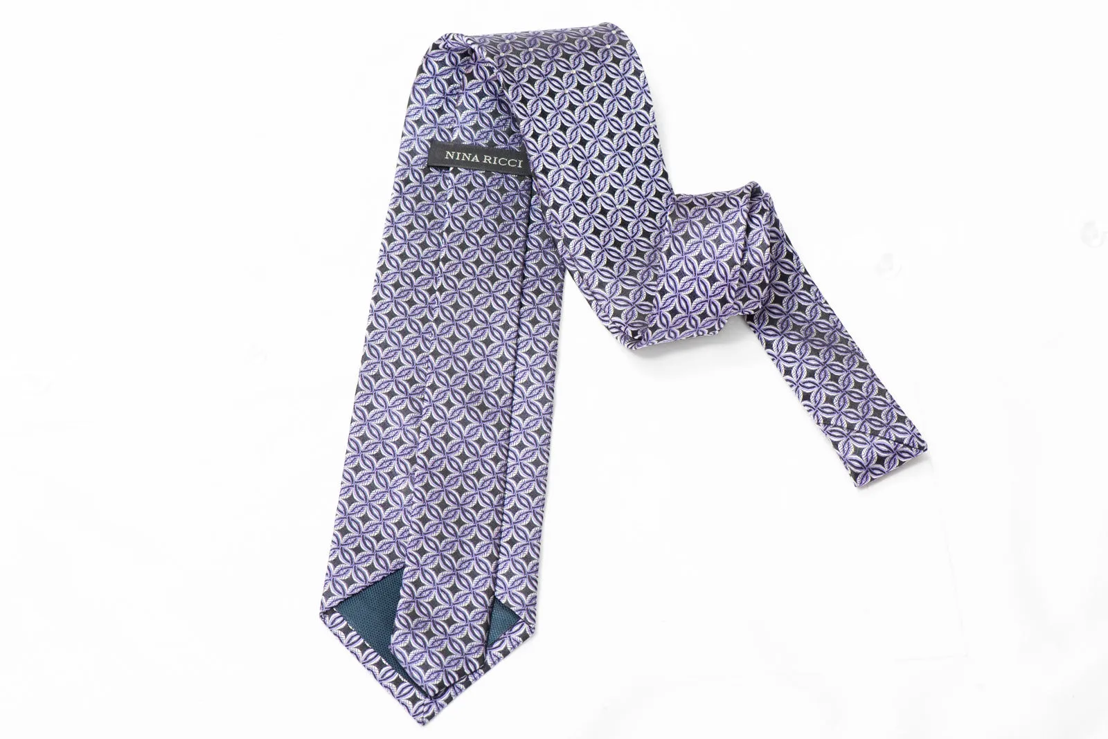 Interlocking Geometric Circles On Navy Blue Rhinestone Silk Necktie