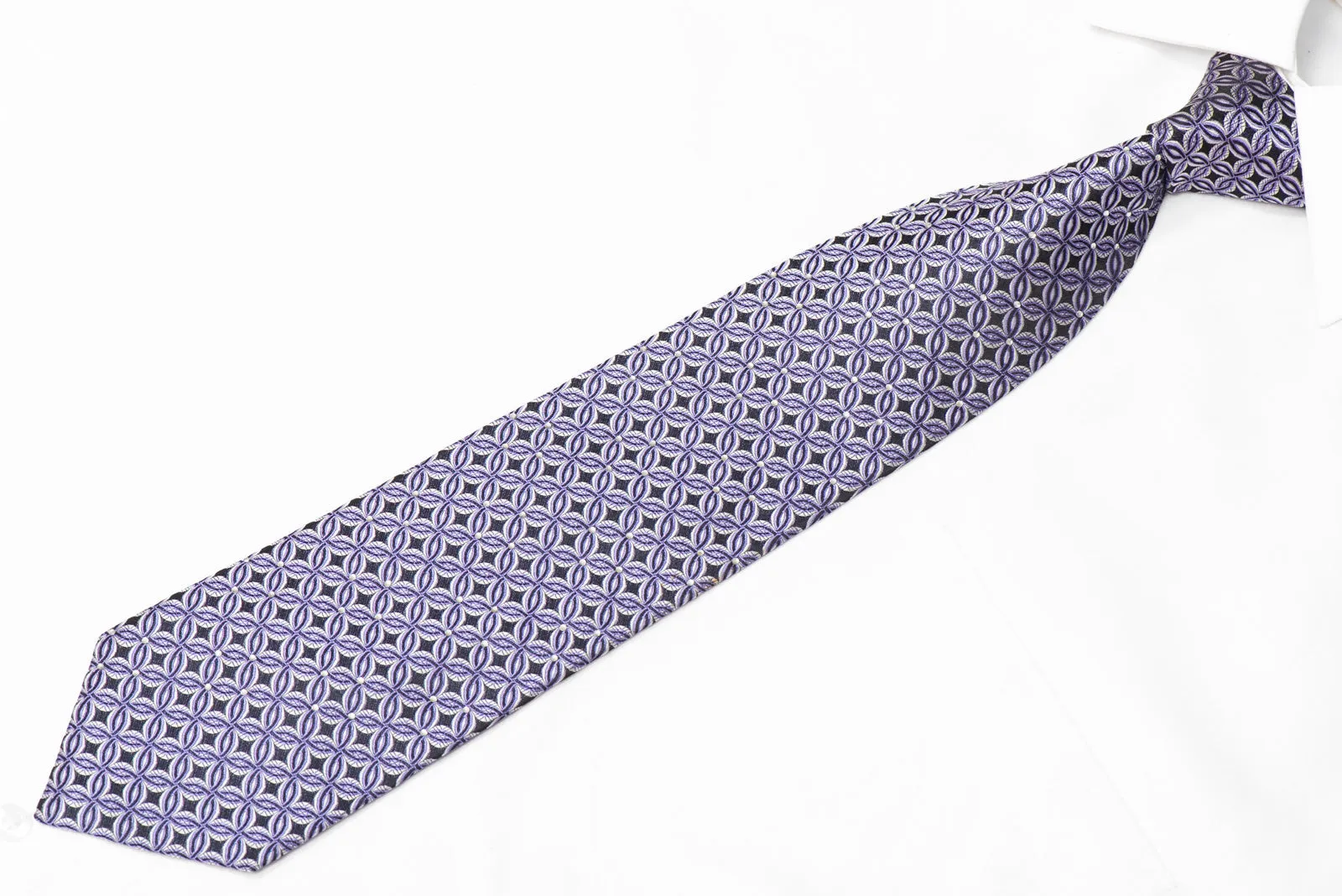 Interlocking Geometric Circles On Navy Blue Rhinestone Silk Necktie