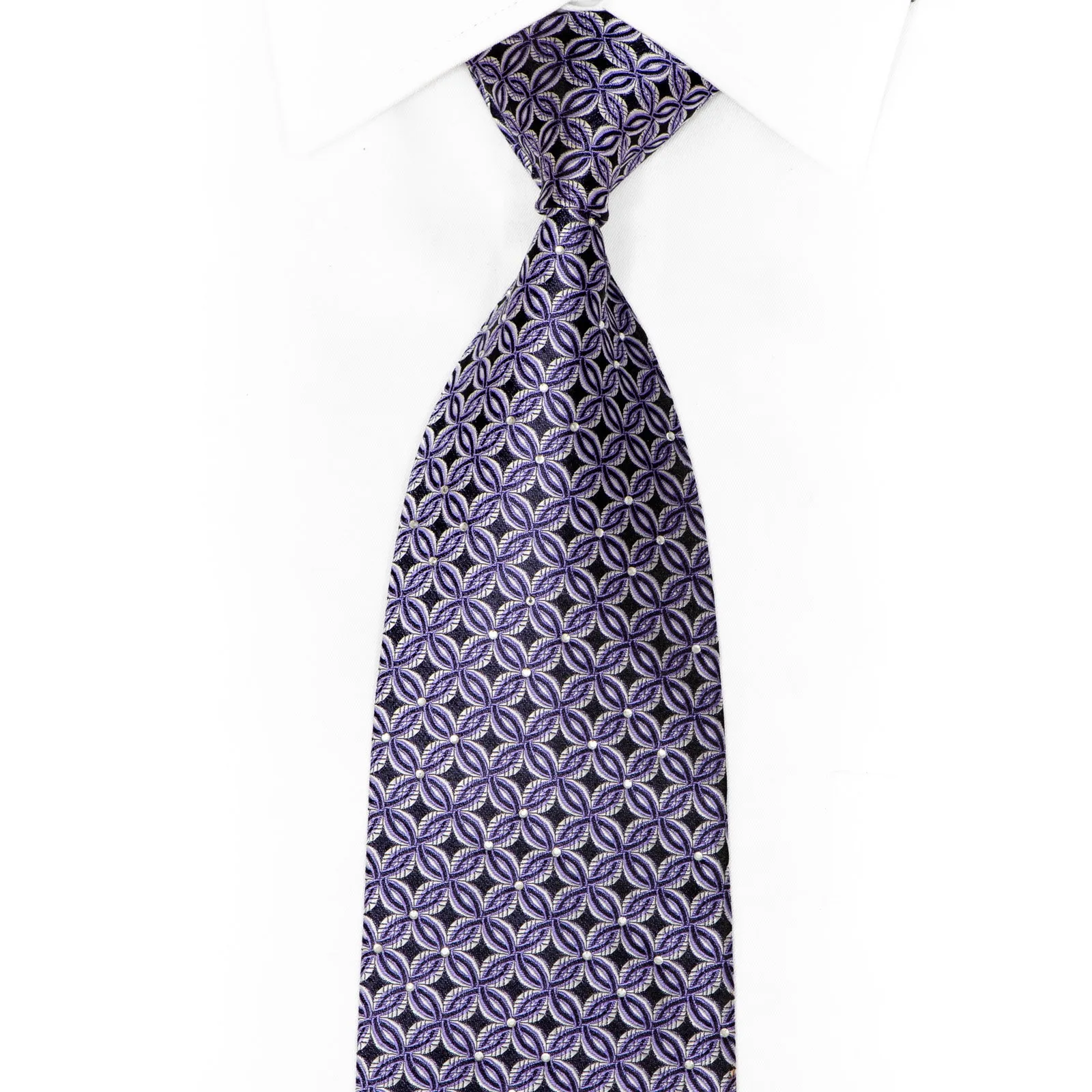 Interlocking Geometric Circles On Navy Blue Rhinestone Silk Necktie