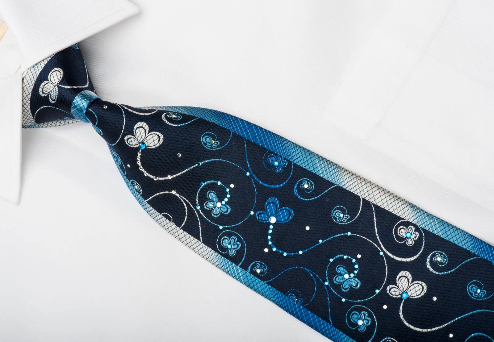 Klaus Raam Men's Silk Necktie Floral On Blue Sparkling With Rhinestones