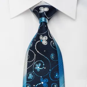 Klaus Raam Men's Silk Necktie Floral On Blue Sparkling With Rhinestones