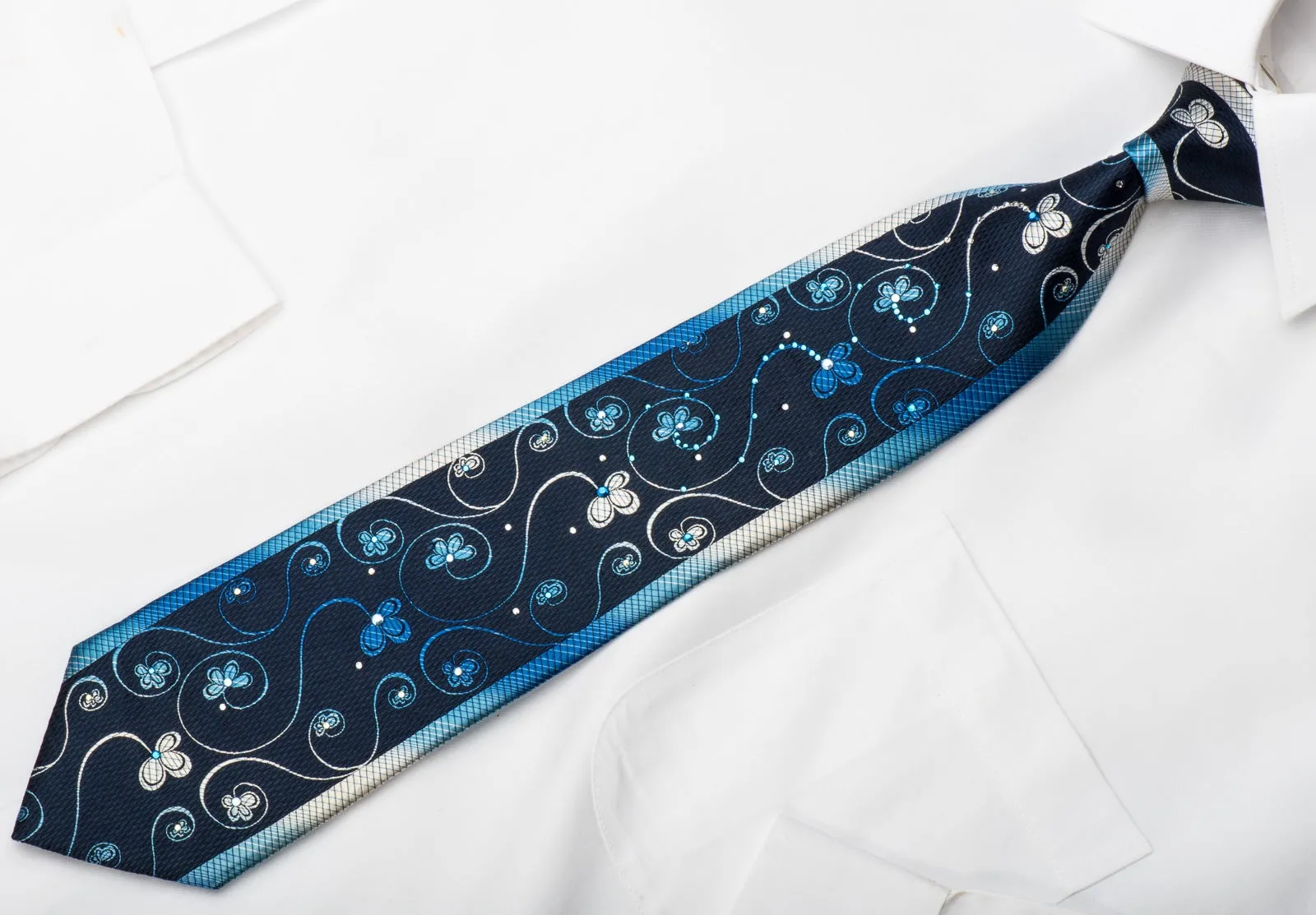 Klaus Raam Men's Silk Necktie Floral On Blue Sparkling With Rhinestones