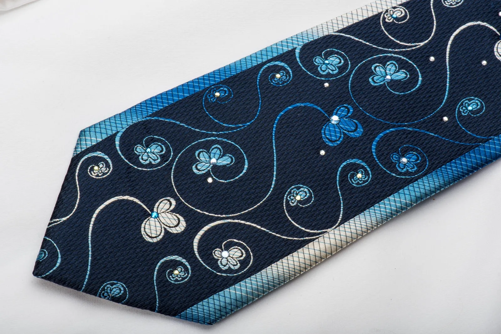Klaus Raam Men's Silk Necktie Floral On Blue Sparkling With Rhinestones