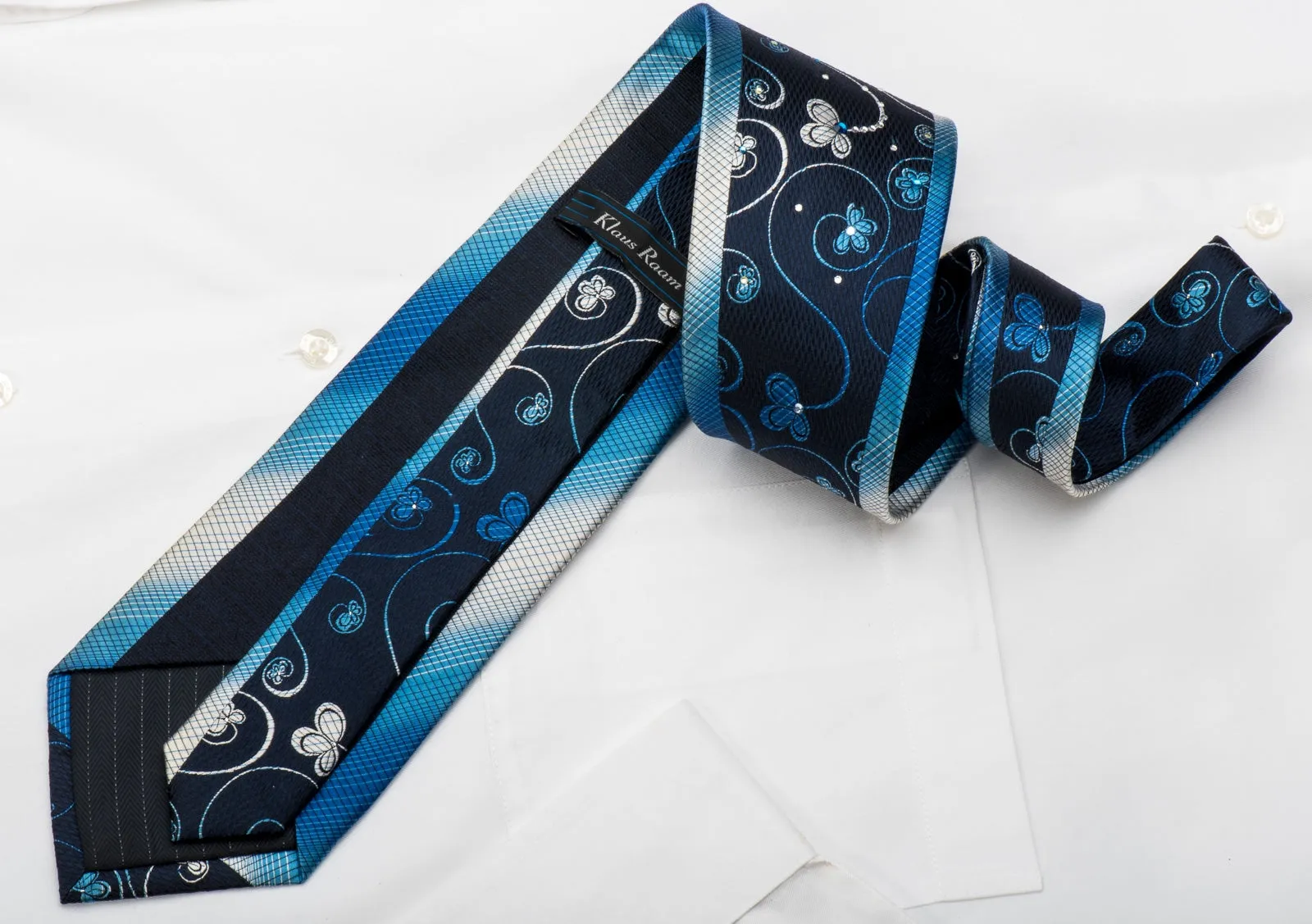 Klaus Raam Men's Silk Necktie Floral On Blue Sparkling With Rhinestones