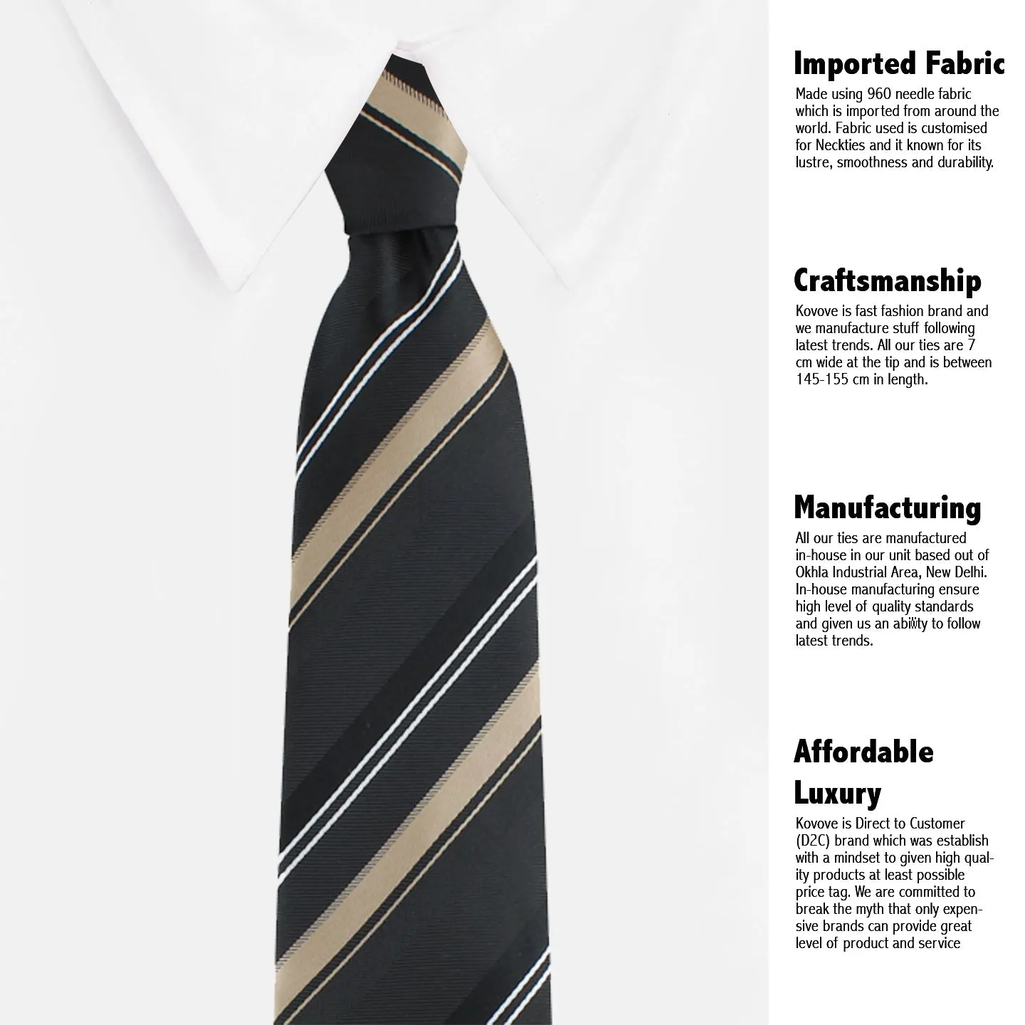 Kovove Smoothing Black Striped Necktie and Pocket Square Gift Box