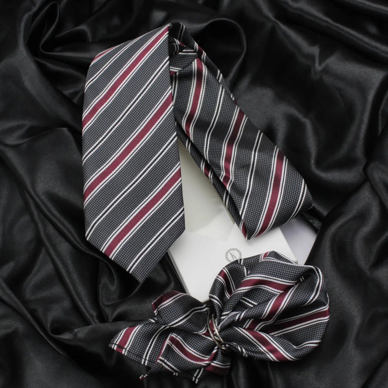 Kovove The Divine Striped Grey Necktie and Pocket Square Gift Box