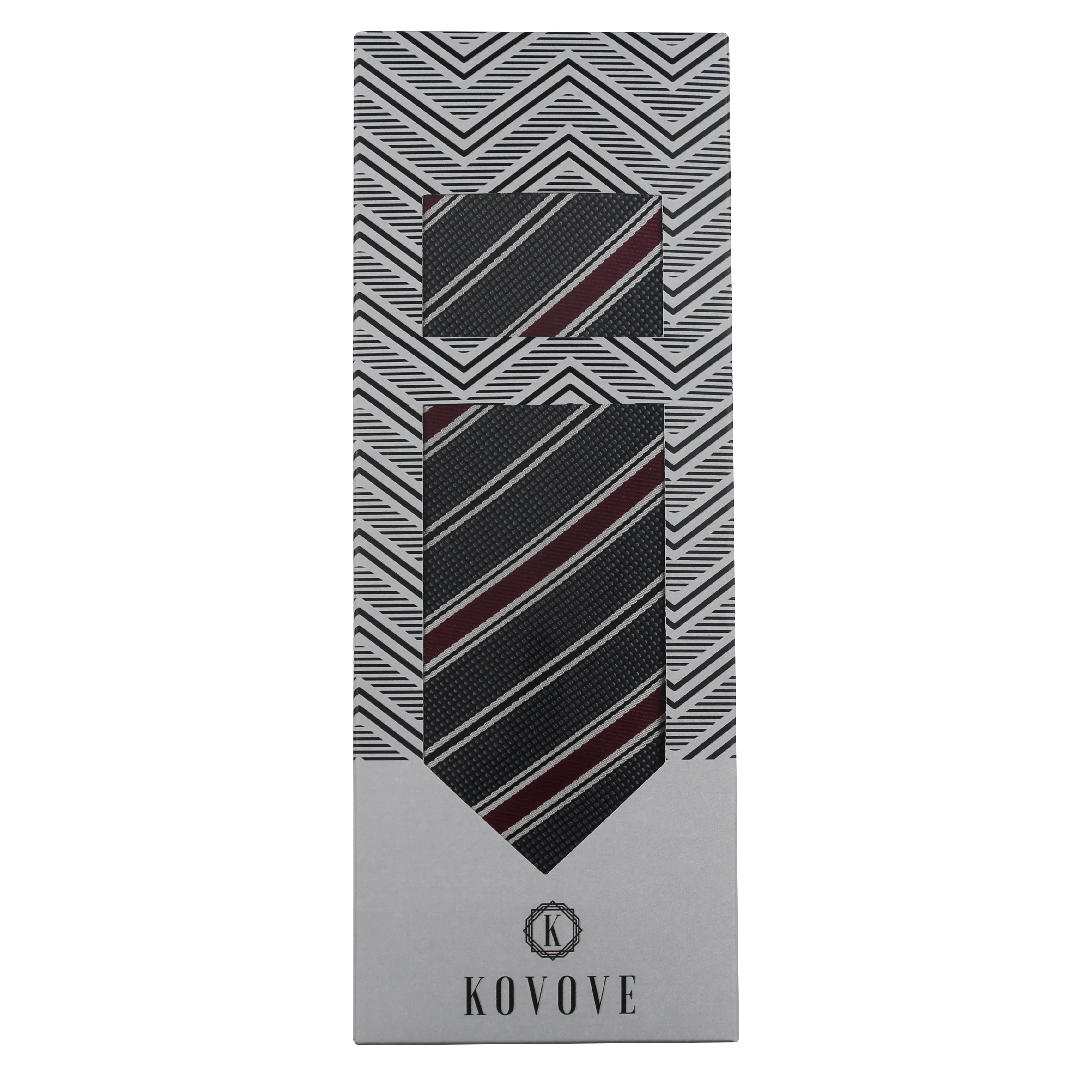 Kovove The Divine Striped Grey Necktie and Pocket Square Gift Box