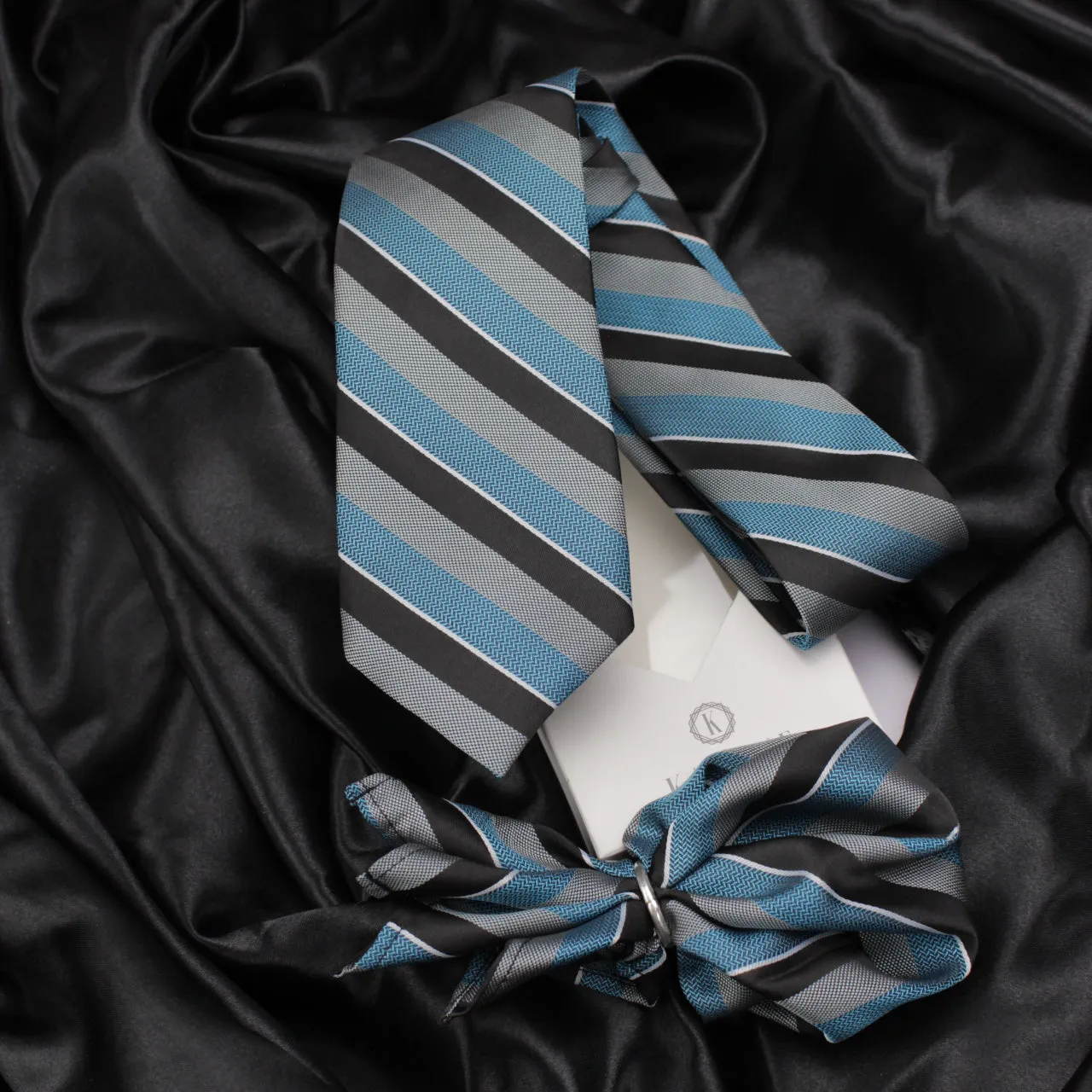 Kovove The Magma Striped Blue Necktie and Pocket Square Gift Box