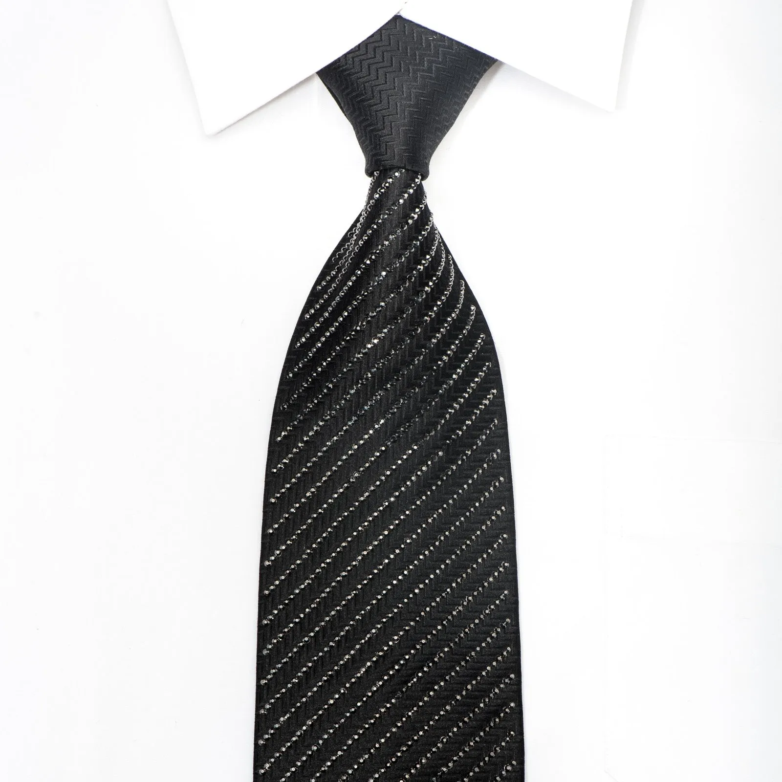 Lalanta Men's Rhinestone Silk Necktie Jet Black Hematite Crystals On Black