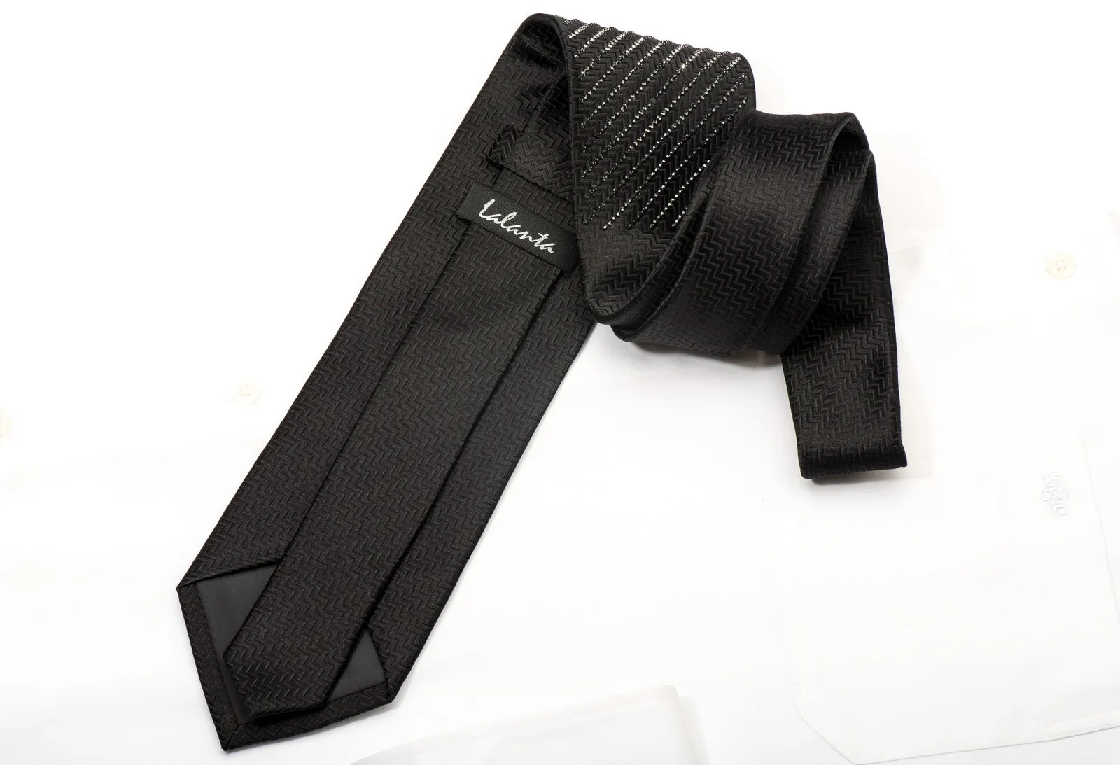 Lalanta Men's Rhinestone Silk Necktie Jet Black Hematite Crystals On Black