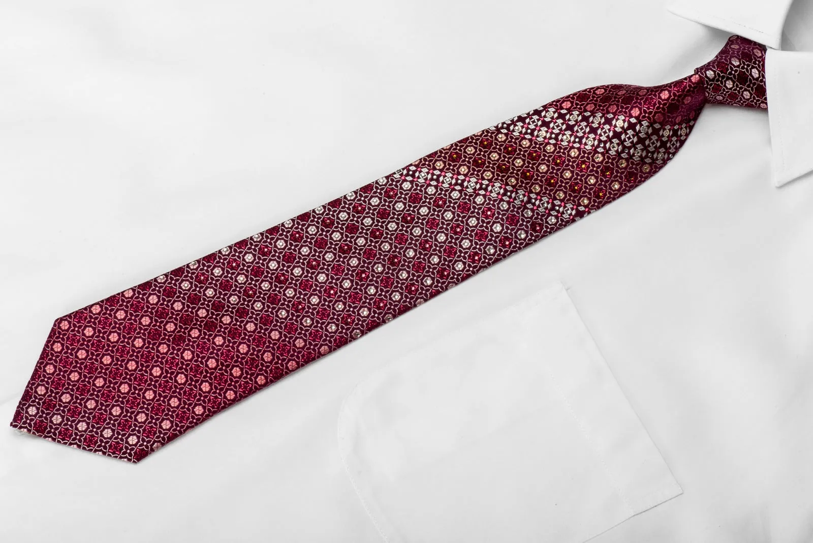 Lancetti Men's Crystal Rhinestone Silk Tie Geometric On Burgundy With Sparkles