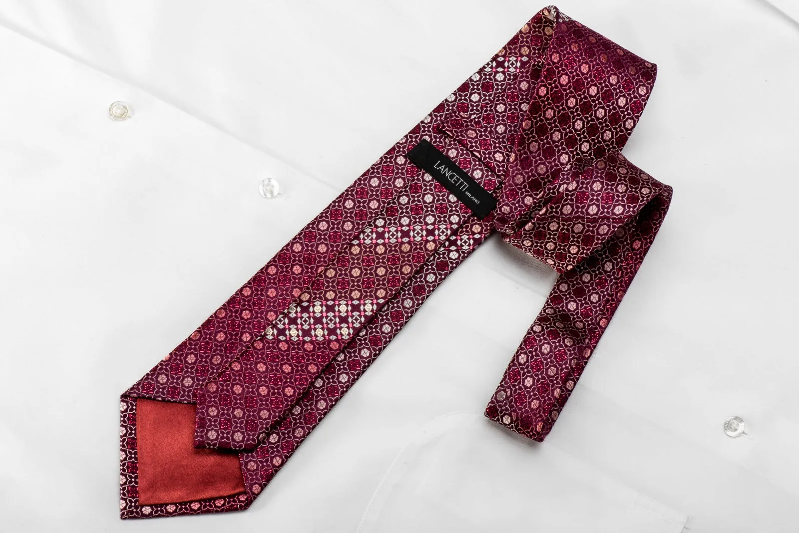 Lancetti Men's Crystal Rhinestone Silk Tie Geometric On Burgundy With Sparkles