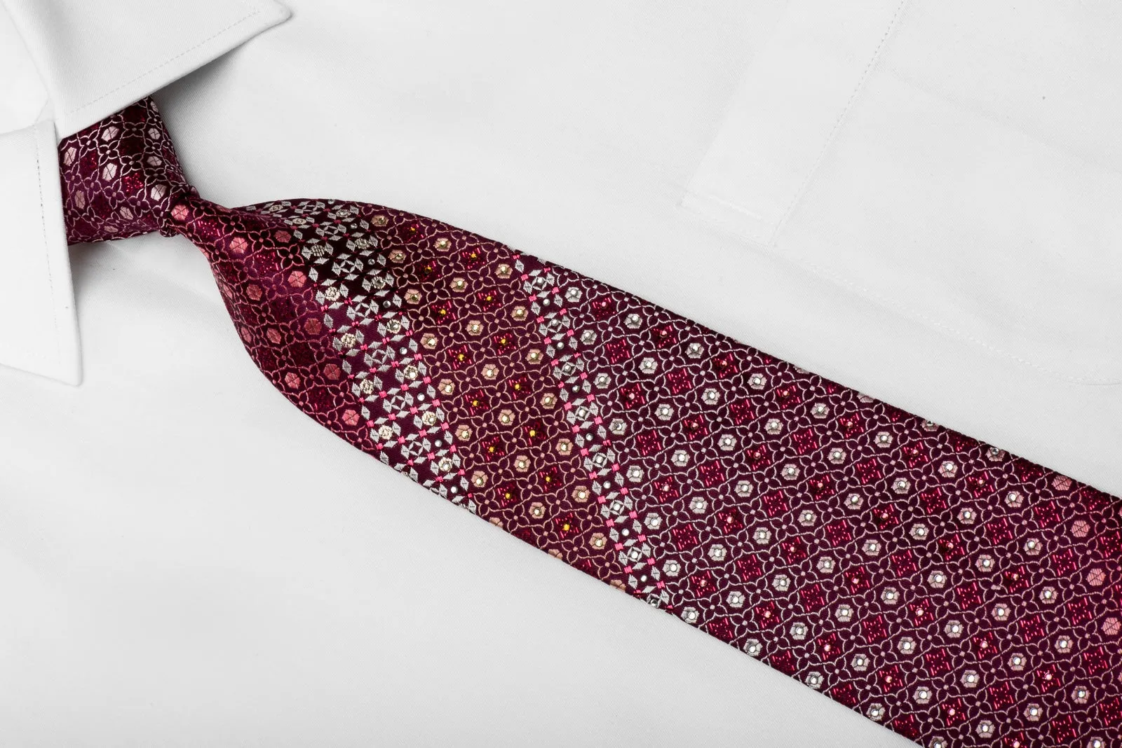 Lancetti Men's Crystal Rhinestone Silk Tie Geometric On Burgundy With Sparkles