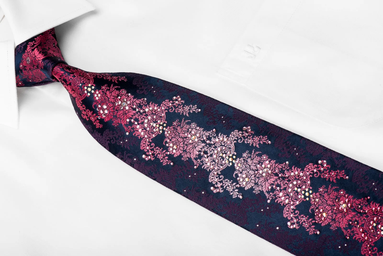 Lancetti Men's Crystal Silk Tie Pink Purple Floral On Navy With Silver Sparkles