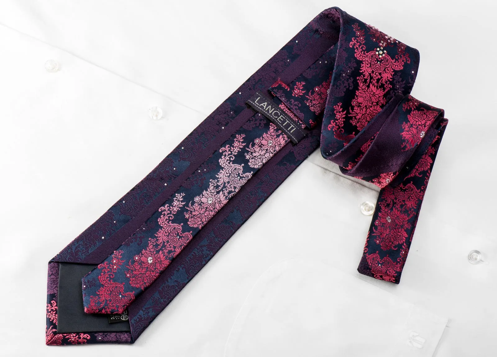 Lancetti Men's Crystal Silk Tie Pink Purple Floral On Navy With Silver Sparkles