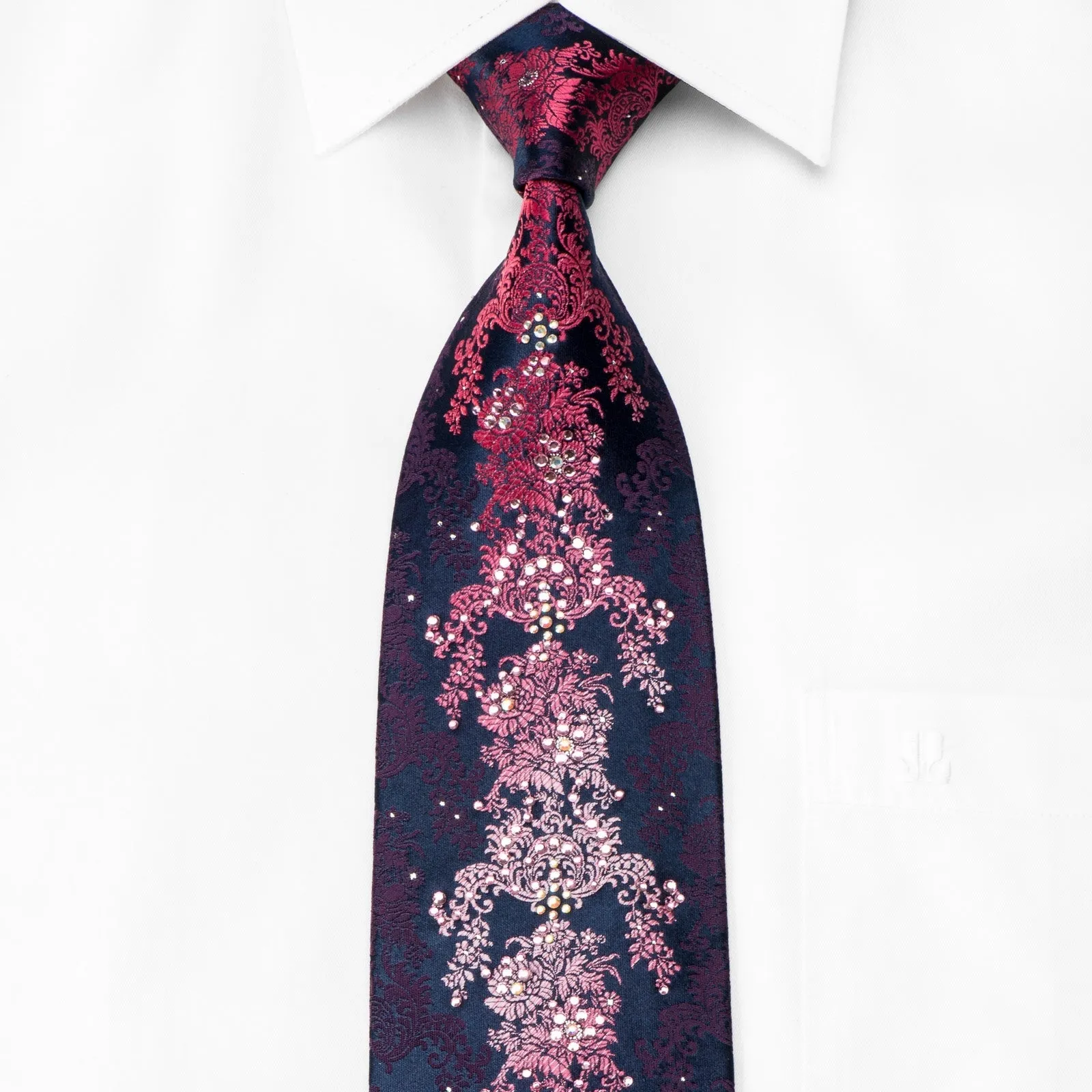 Lancetti Men's Crystal Silk Tie Pink Purple Floral On Navy With Silver Sparkles
