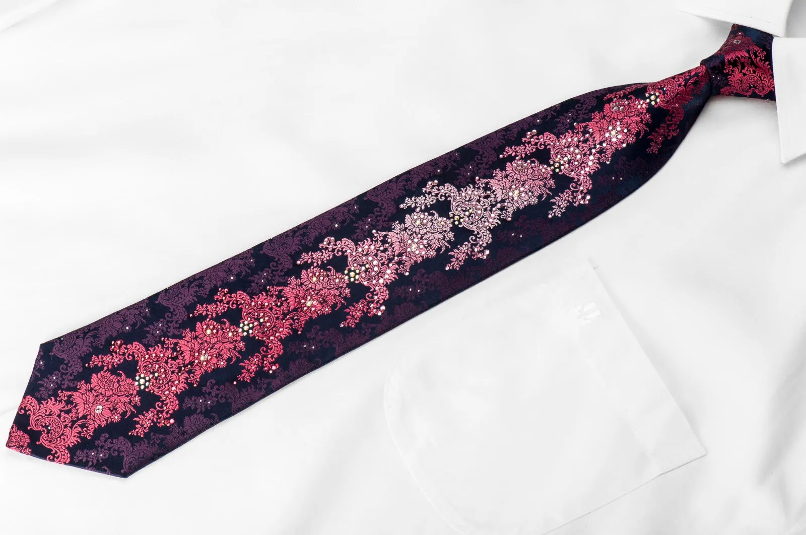 Lancetti Men's Crystal Silk Tie Pink Purple Floral On Navy With Silver Sparkles