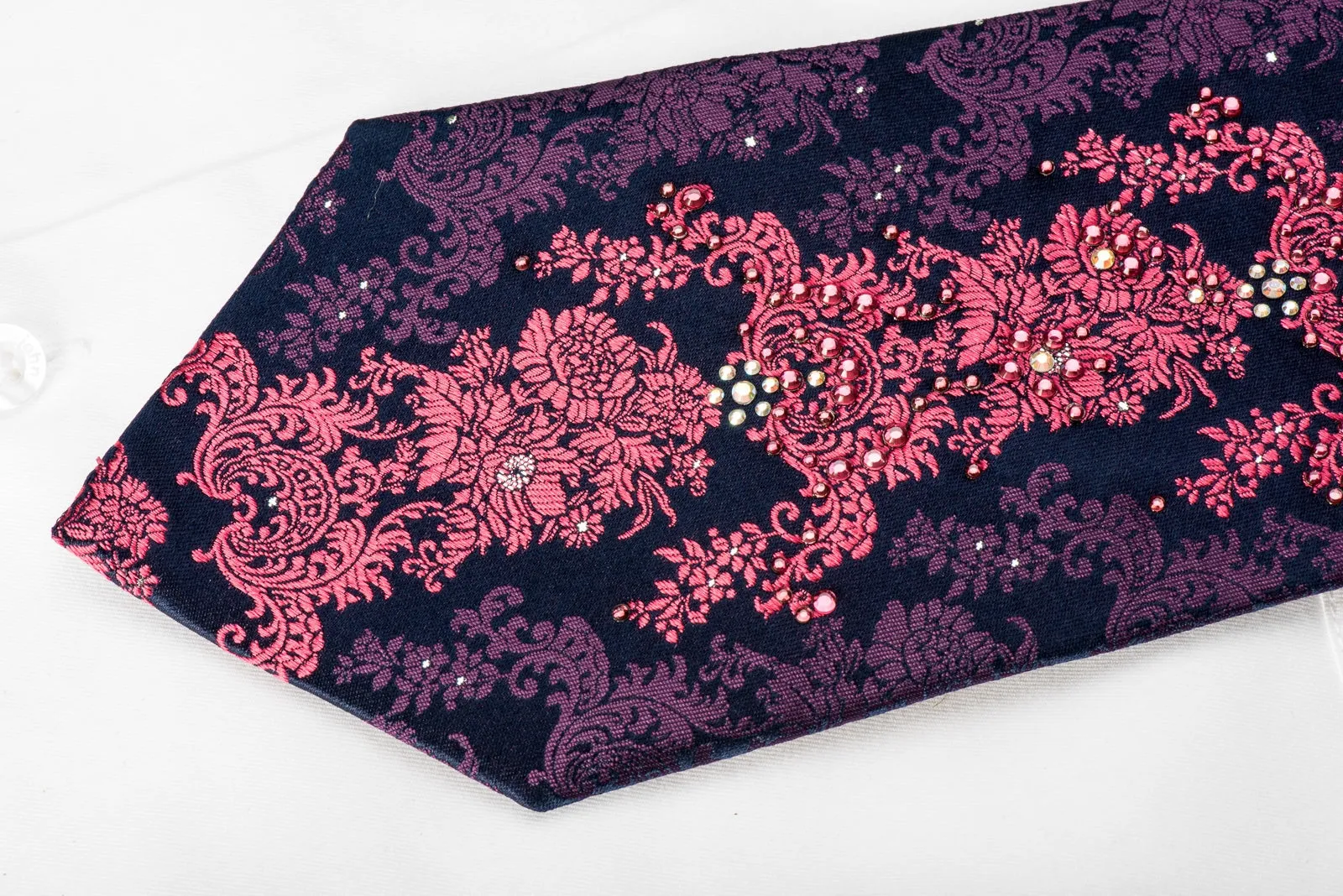 Lancetti Men's Crystal Silk Tie Pink Purple Floral On Navy With Silver Sparkles
