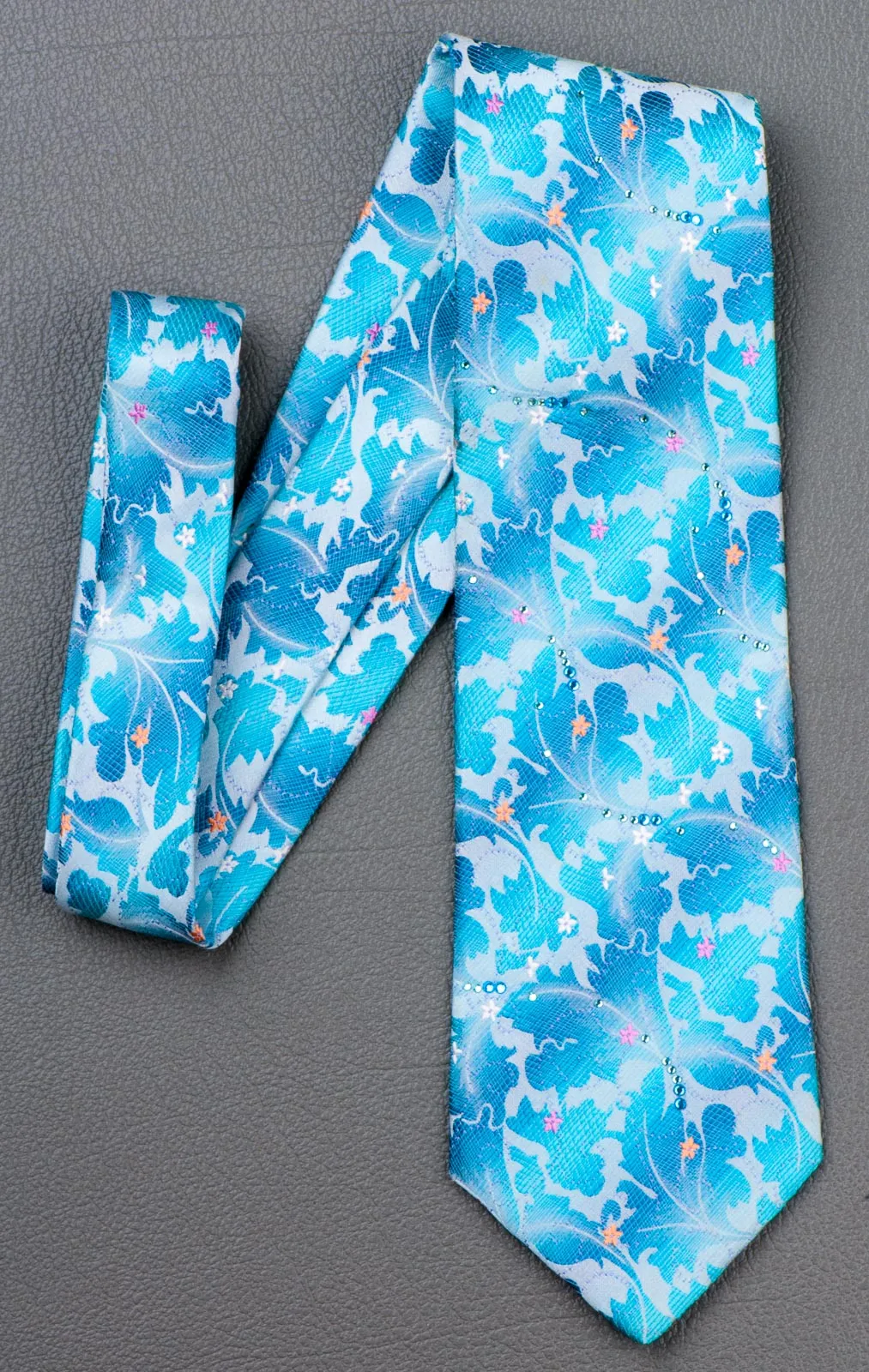 Lancetti Rhinestone Silk Neck Tie Floral Design On Blue Classic 3 1/2 Inch