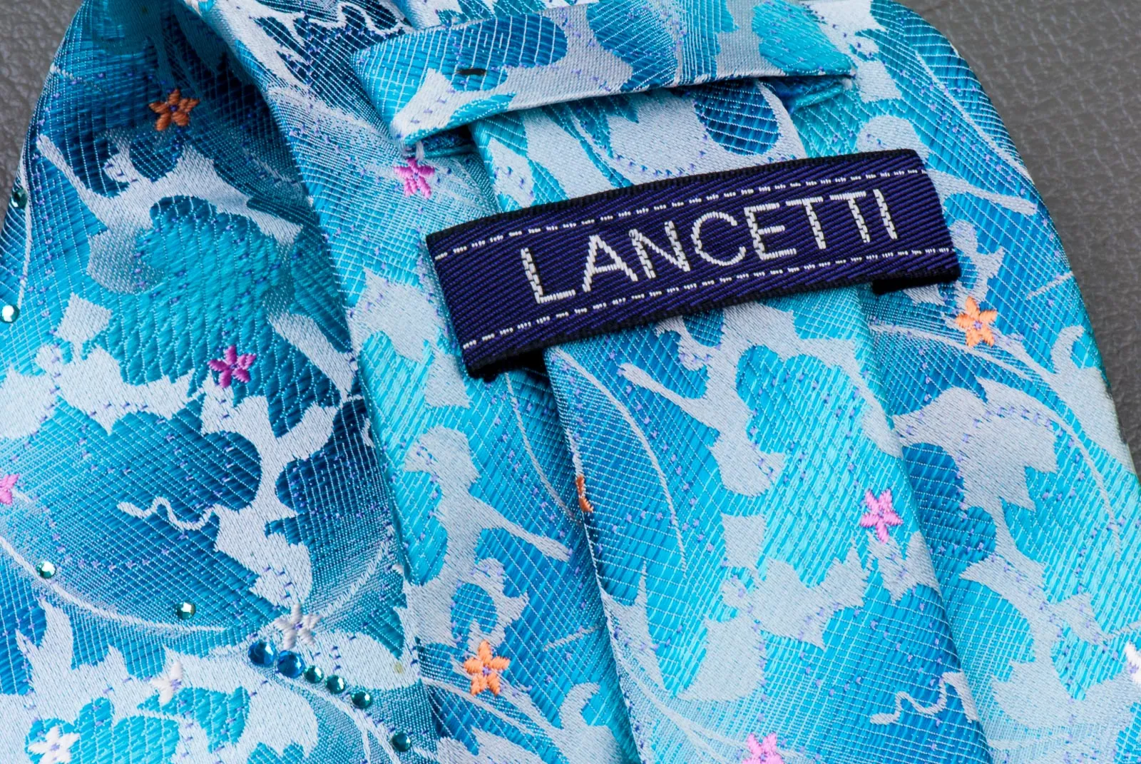 Lancetti Rhinestone Silk Neck Tie Floral Design On Blue Classic 3 1/2 Inch