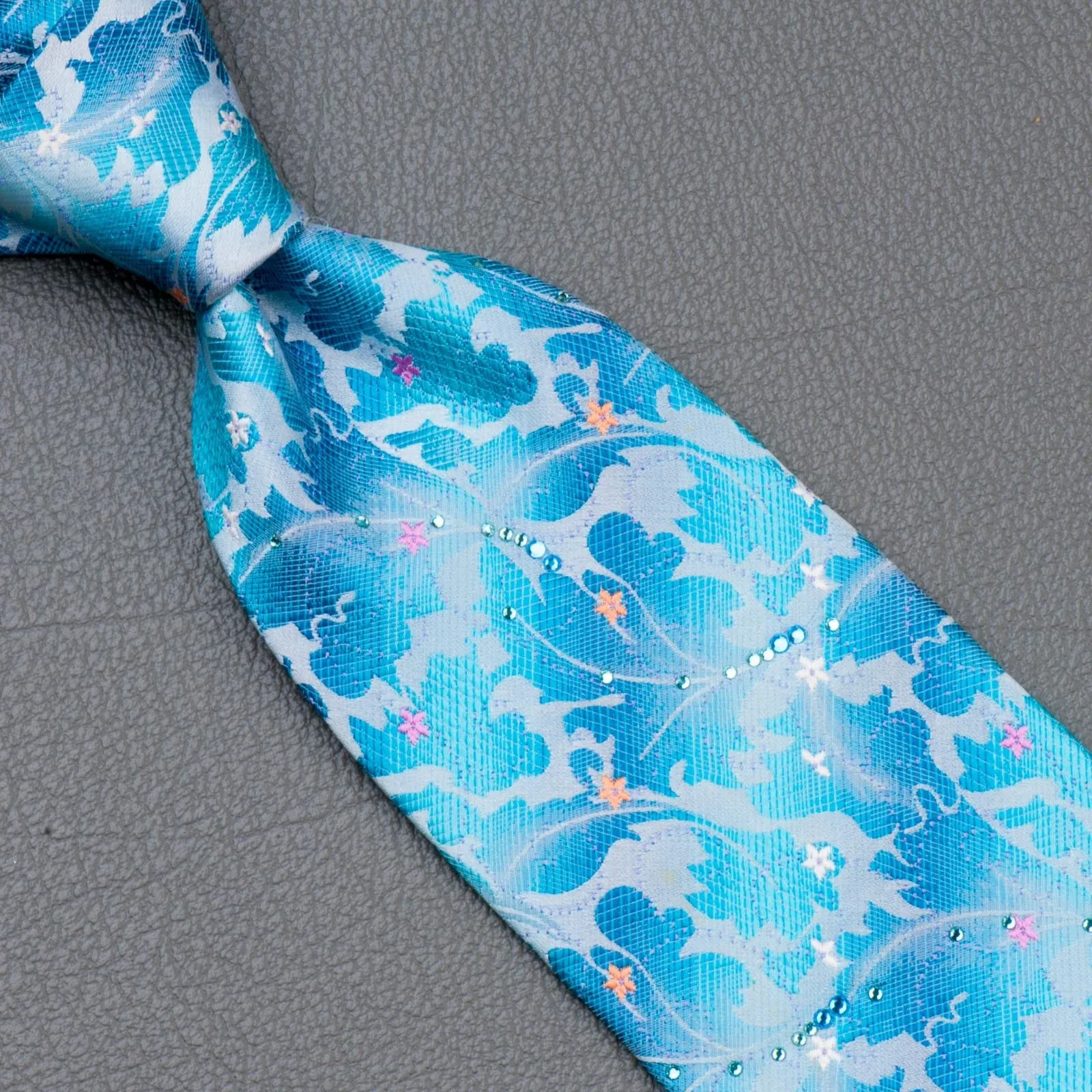 Lancetti Rhinestone Silk Neck Tie Floral Design On Blue Classic 3 1/2 Inch