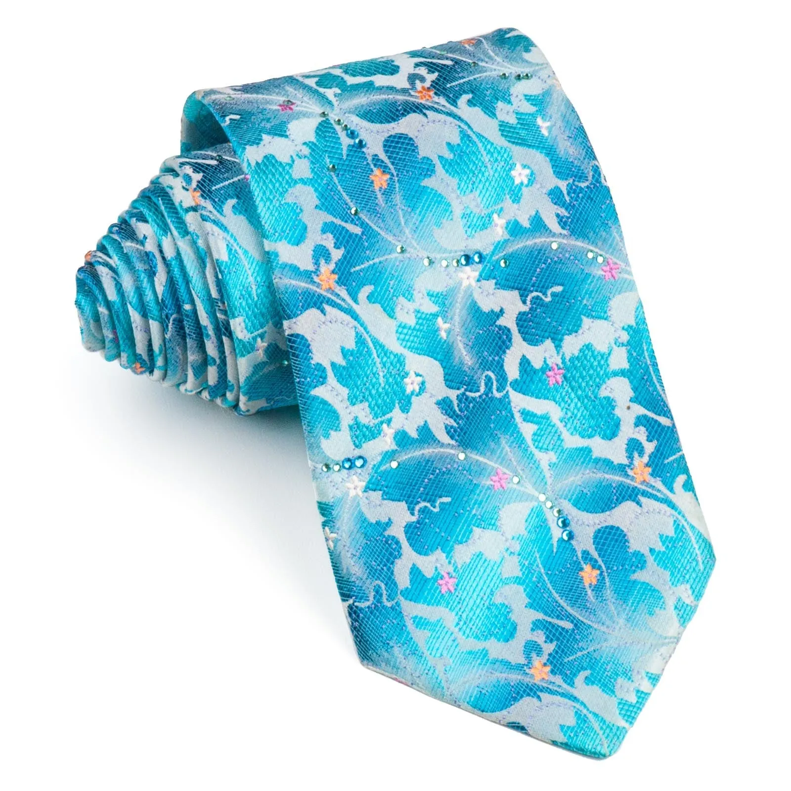 Lancetti Rhinestone Silk Neck Tie Floral Design On Blue Classic 3 1/2 Inch