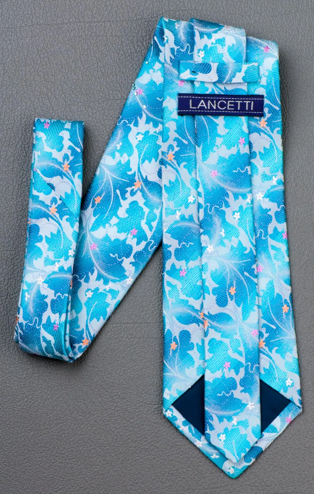 Lancetti Rhinestone Silk Neck Tie Floral Design On Blue Classic 3 1/2 Inch