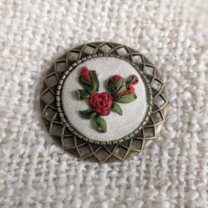 Large embroidered roses brooch