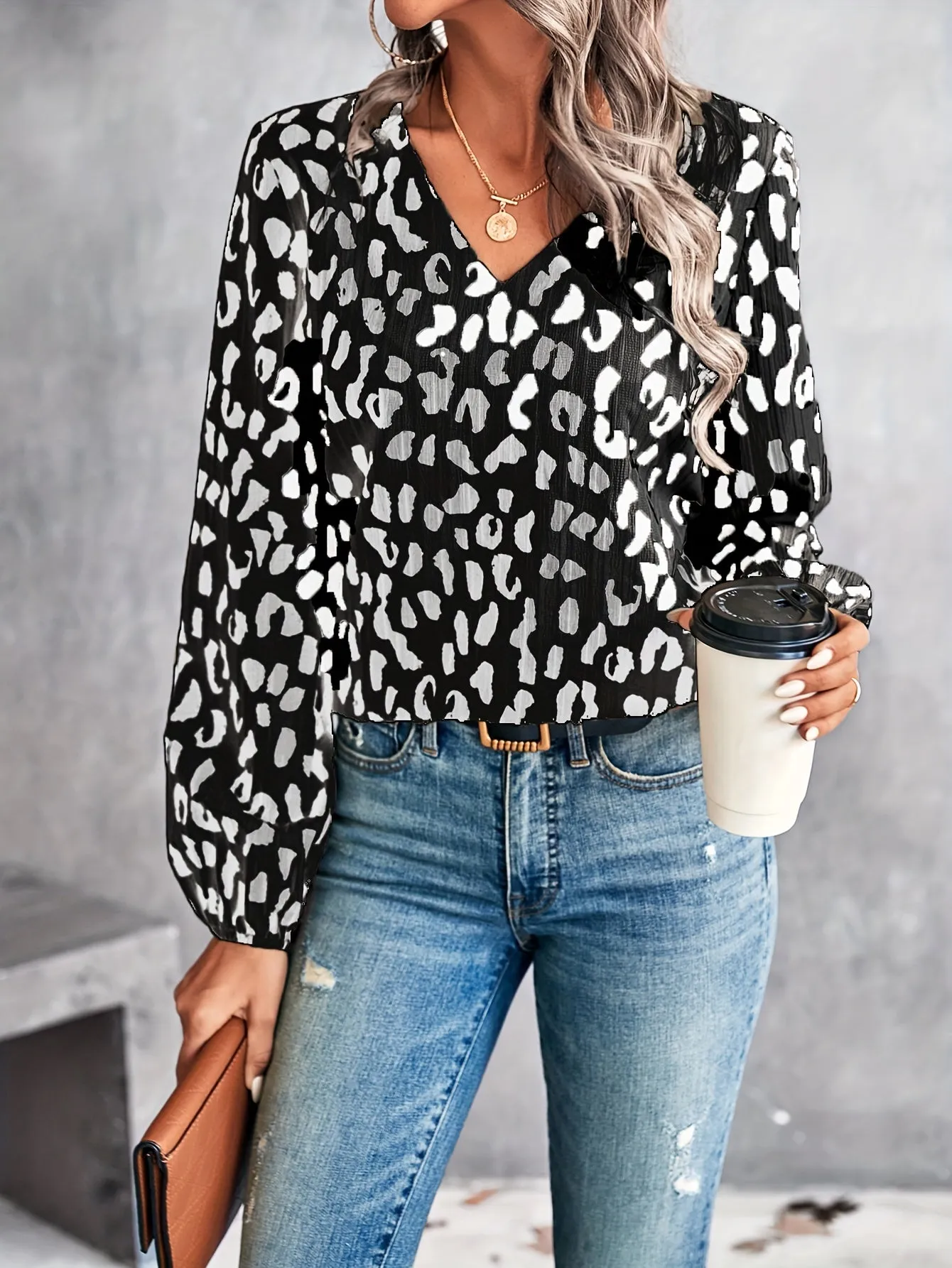 Leopard V Neck Blouse Trendy Casual Lantern Sleeve