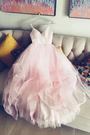 Light Pink Spaghetti Straps Tulle Long Prom Formal Dress Puffy Party Dress