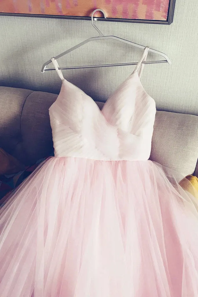 Light Pink Spaghetti Straps Tulle Long Prom Formal Dress Puffy Party Dress