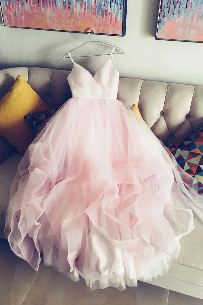 Light Pink Spaghetti Straps Tulle Long Prom Formal Dress Puffy Party Dress