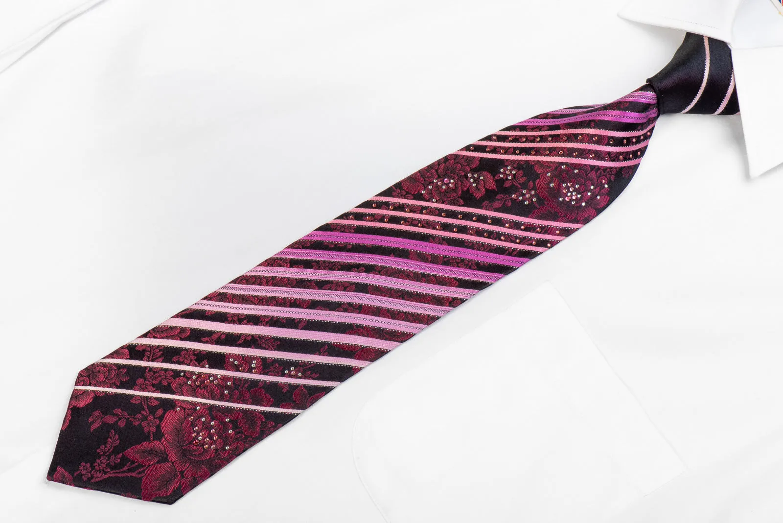 Louis Quatorze Men's Rhinestone Silk Necktie Striped Floral On Purple