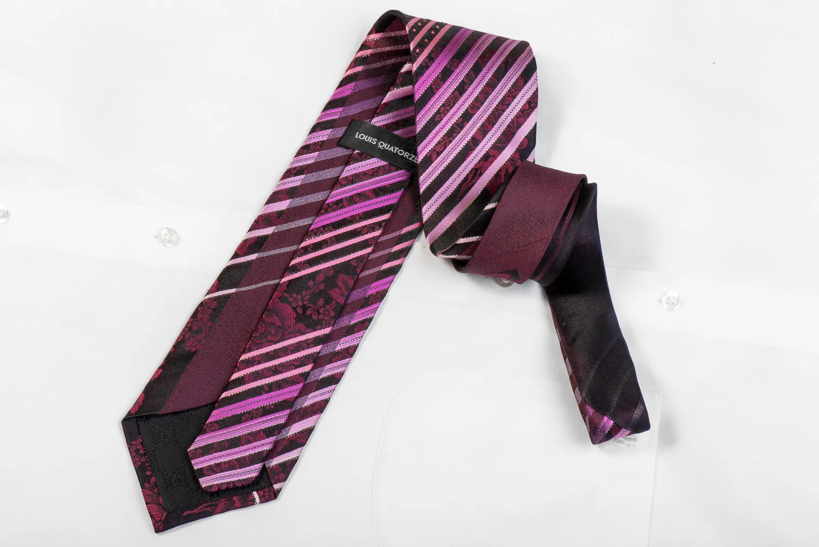 Louis Quatorze Men's Rhinestone Silk Necktie Striped Floral On Purple