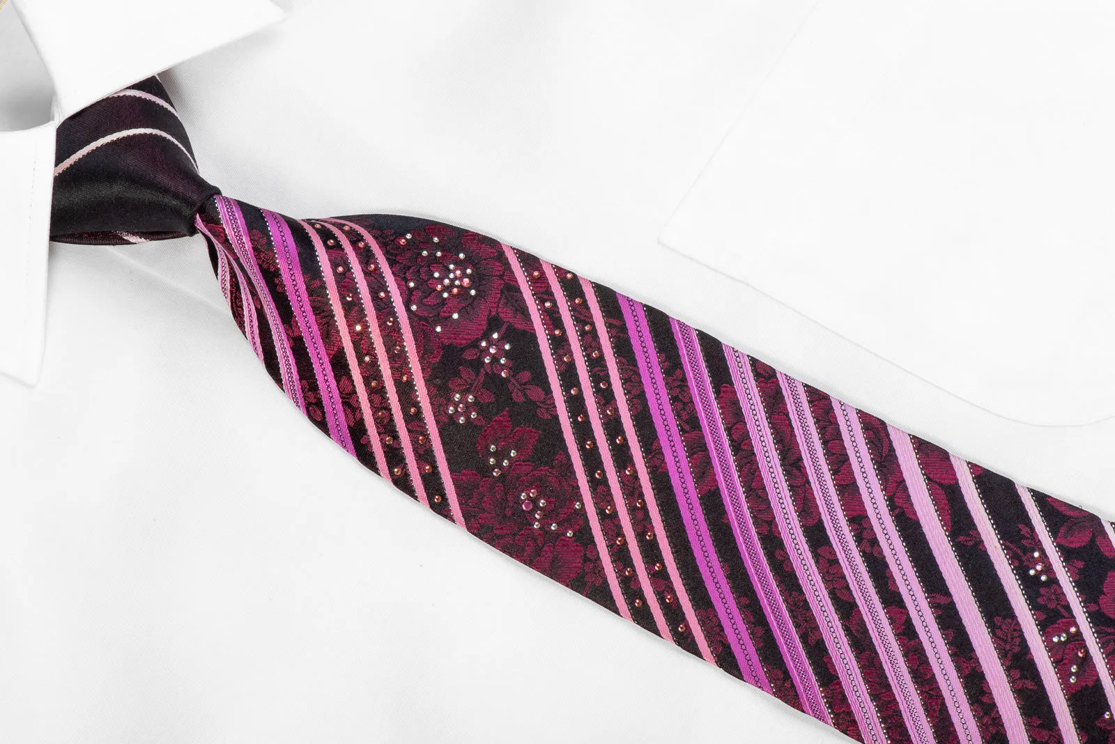 Louis Quatorze Men's Rhinestone Silk Necktie Striped Floral On Purple