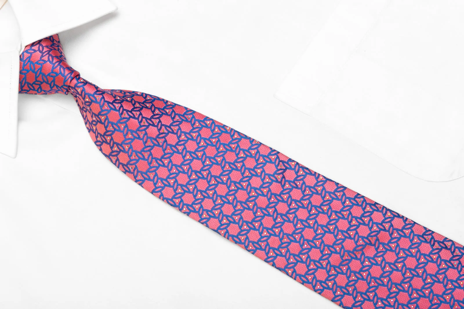 Louis Quatorze Rhinestone Silk Tie Blue Geometric On Pink