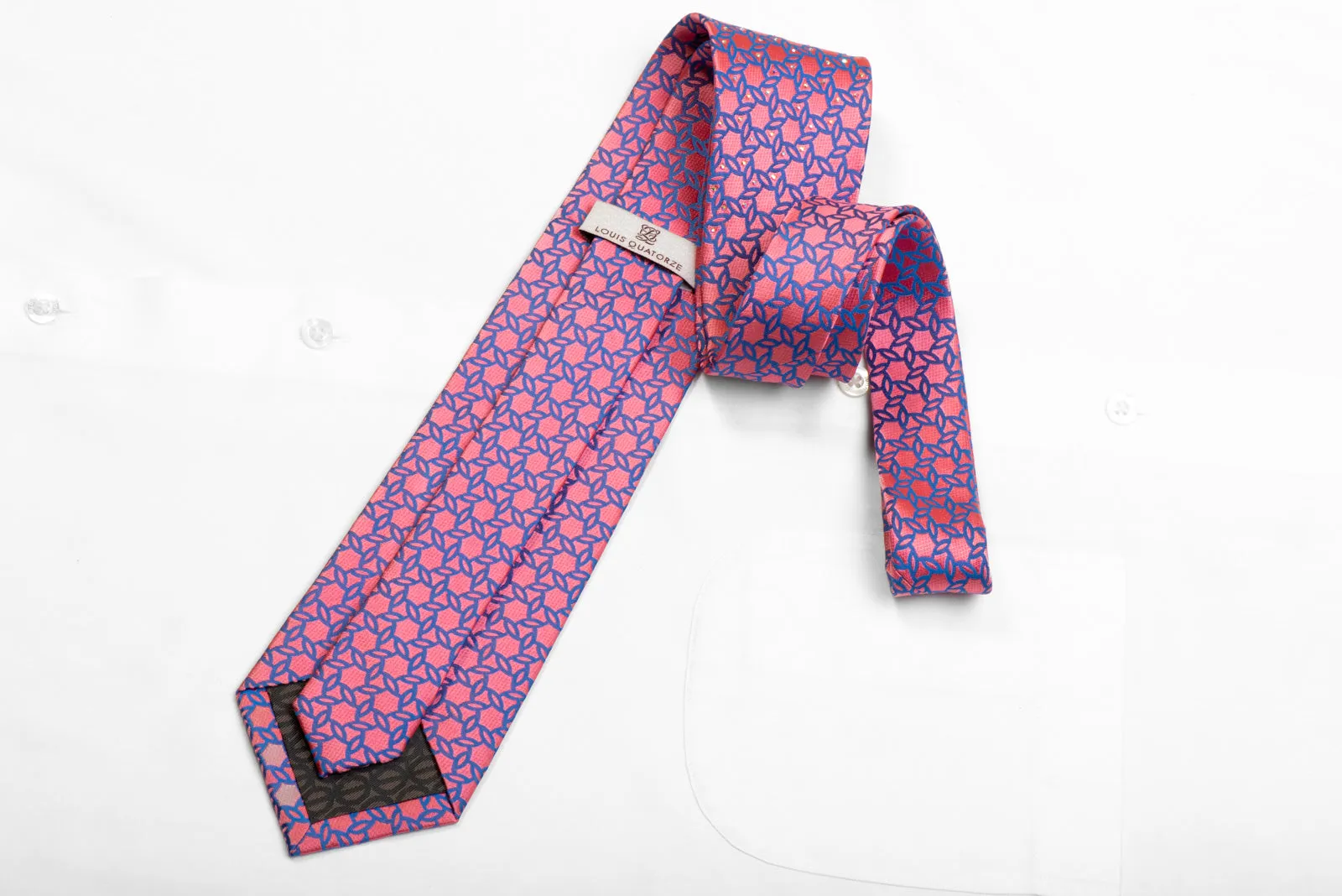 Louis Quatorze Rhinestone Silk Tie Blue Geometric On Pink