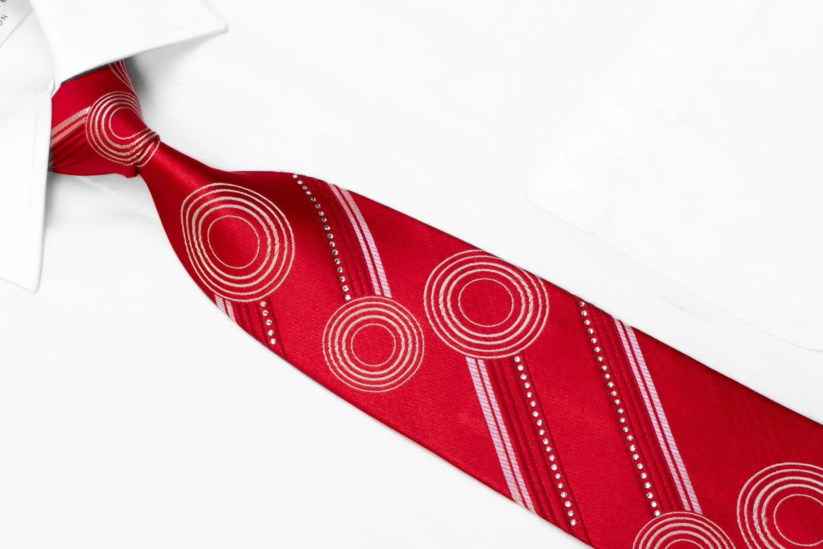 MCM Rhinestone Silk Necktie Geometric & Striped On Red