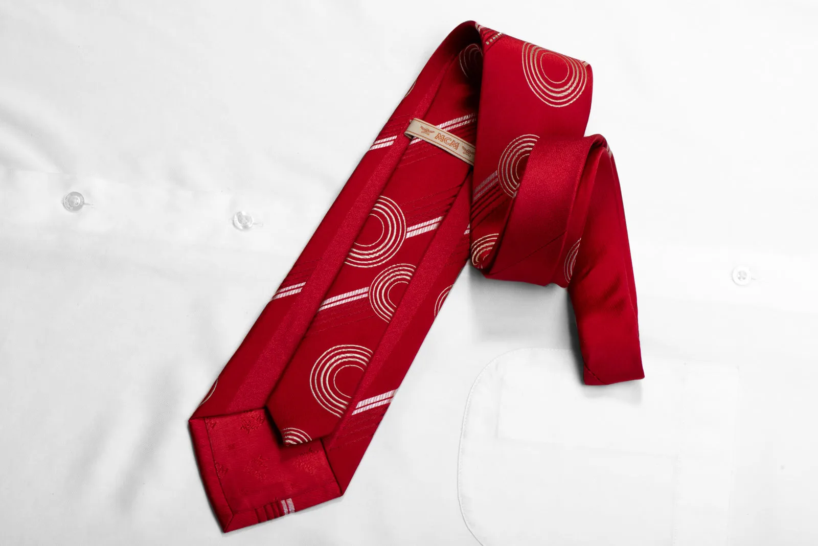 MCM Rhinestone Silk Necktie Geometric & Striped On Red