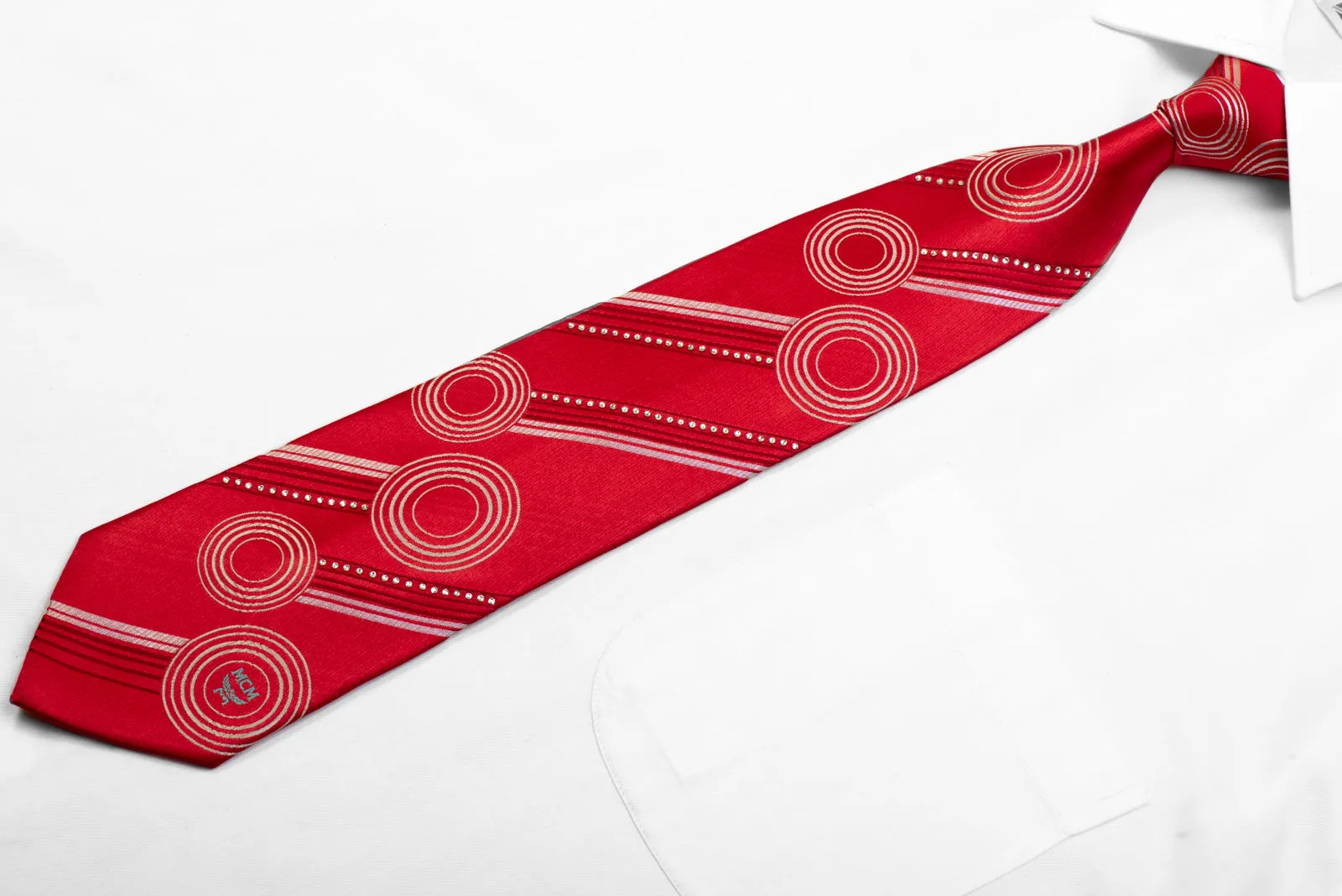 MCM Rhinestone Silk Necktie Geometric & Striped On Red