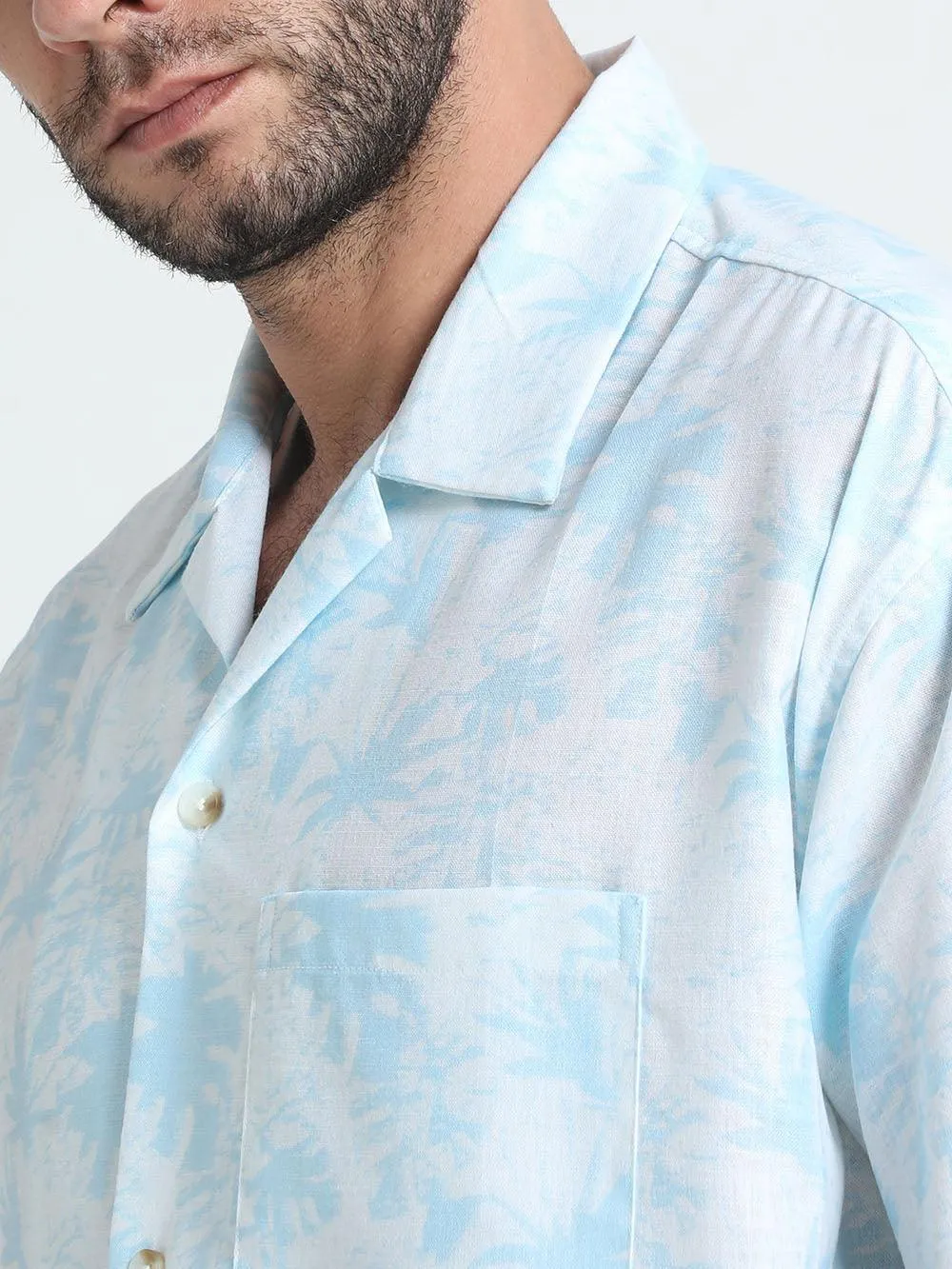 Men Loose Fit Tropical Blue Cuban Collar Shirt