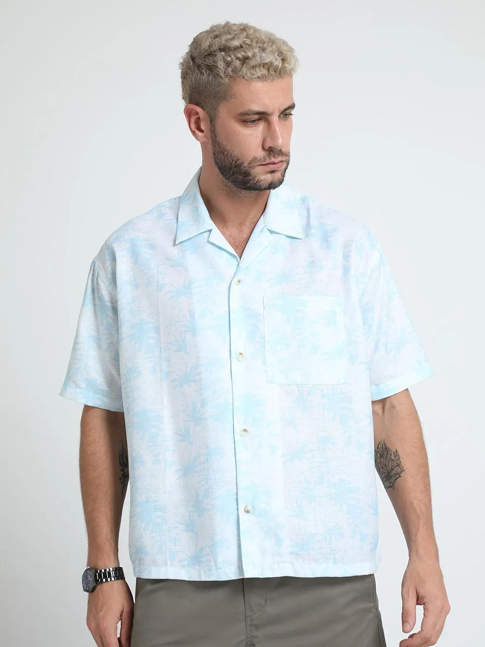Men Loose Fit Tropical Blue Cuban Collar Shirt