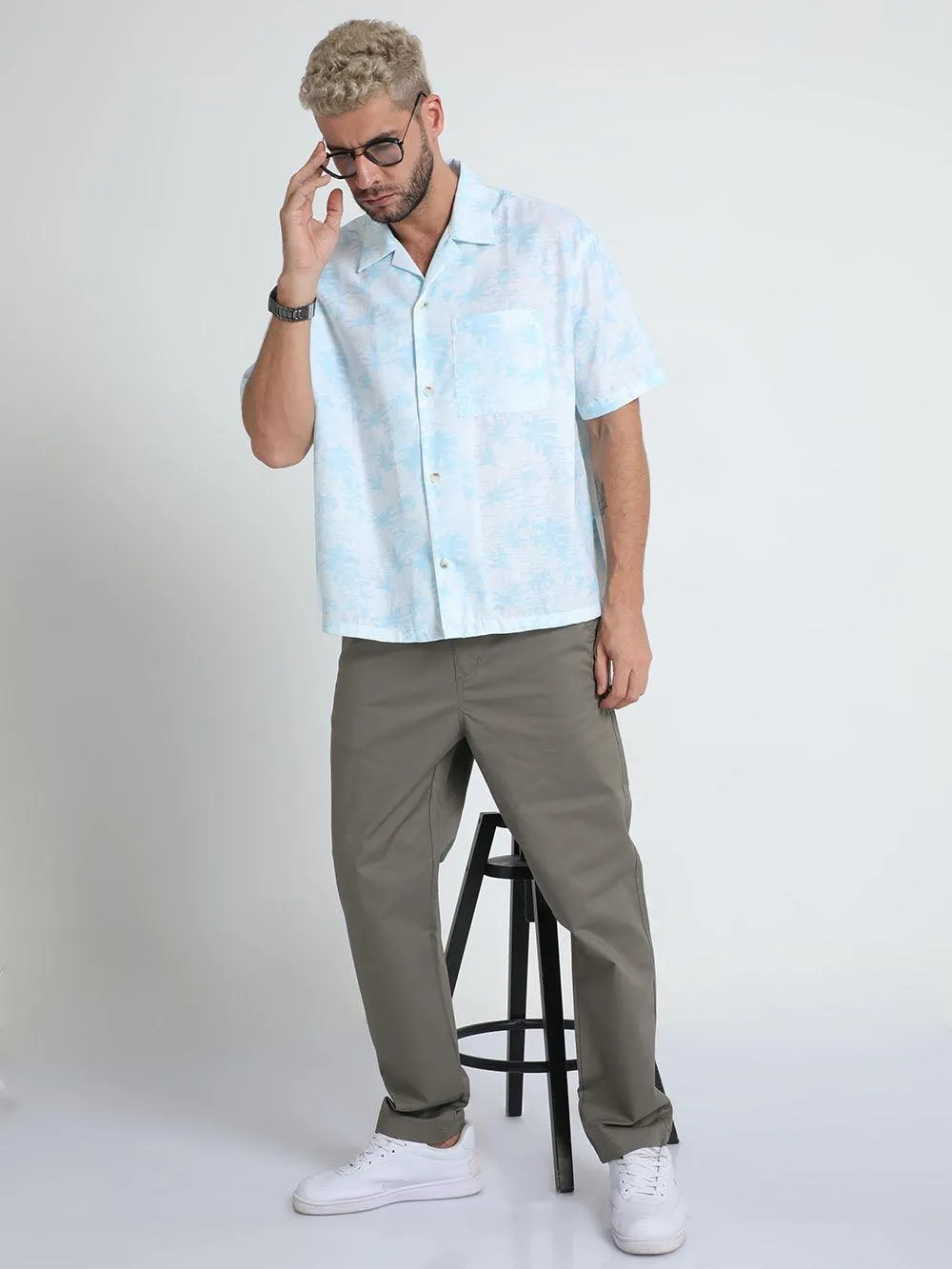 Men Loose Fit Tropical Blue Cuban Collar Shirt
