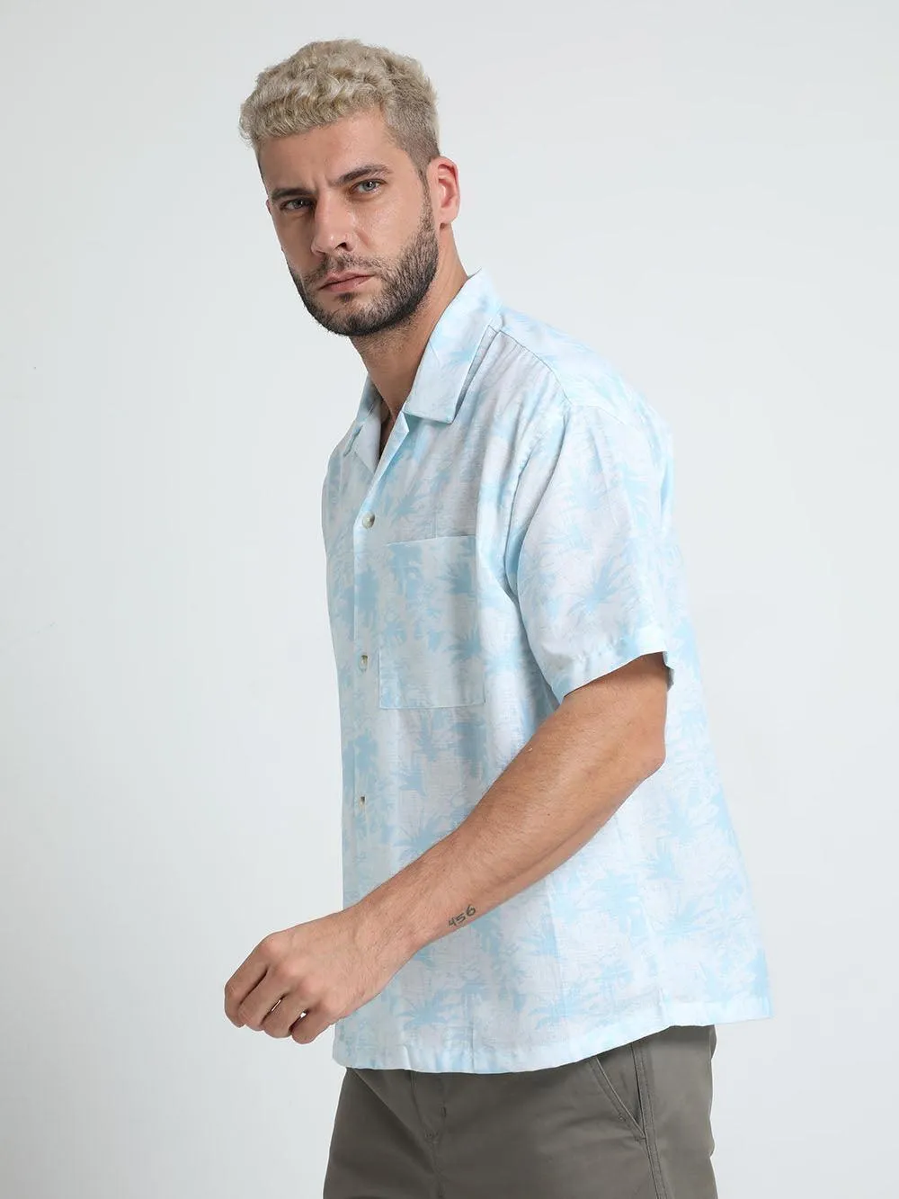 Men Loose Fit Tropical Blue Cuban Collar Shirt