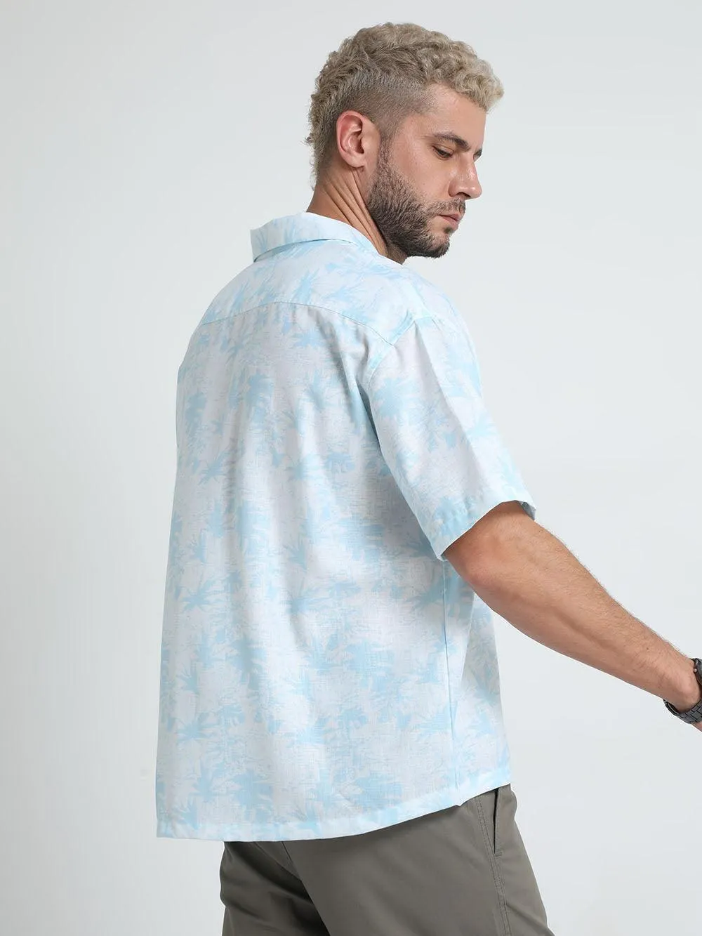 Men Loose Fit Tropical Blue Cuban Collar Shirt