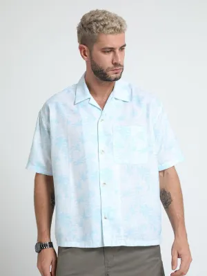 Men Loose Fit Tropical Blue Cuban Collar Shirt
